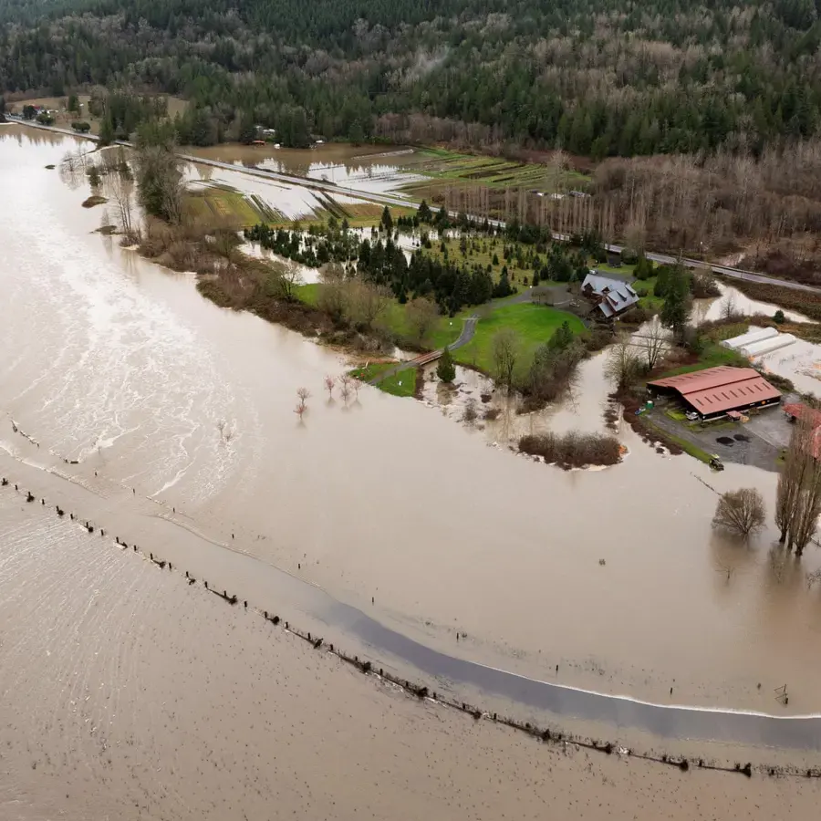 River valley farmland and roads under flood water after a Puget Sound atmospheric river